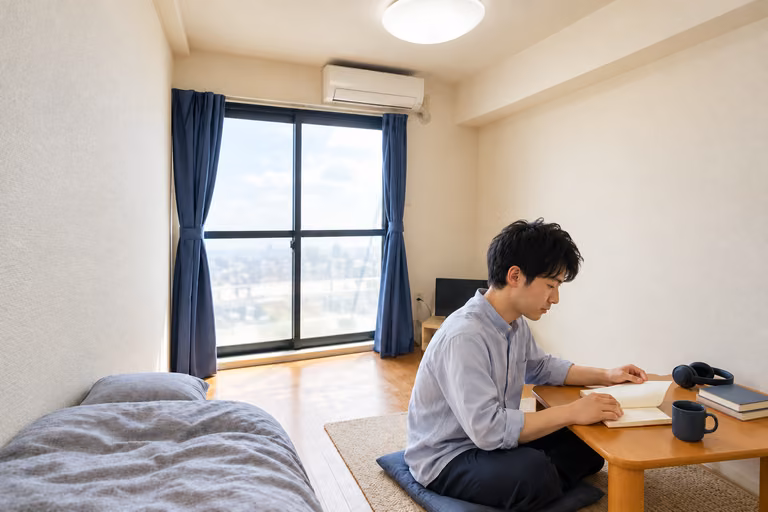寝具やラグのある部屋で、ローテーブルのノートを見返す男性