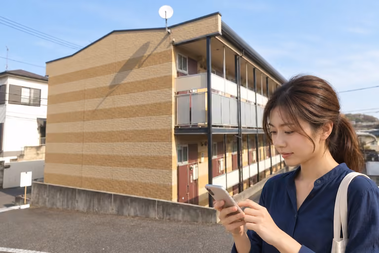 建物の前で立ち止まり、スマートフォンで道順を確かめる女性