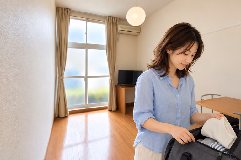 旅行用バッグから衣類を取り出し、荷ほどきをする女性の横顔