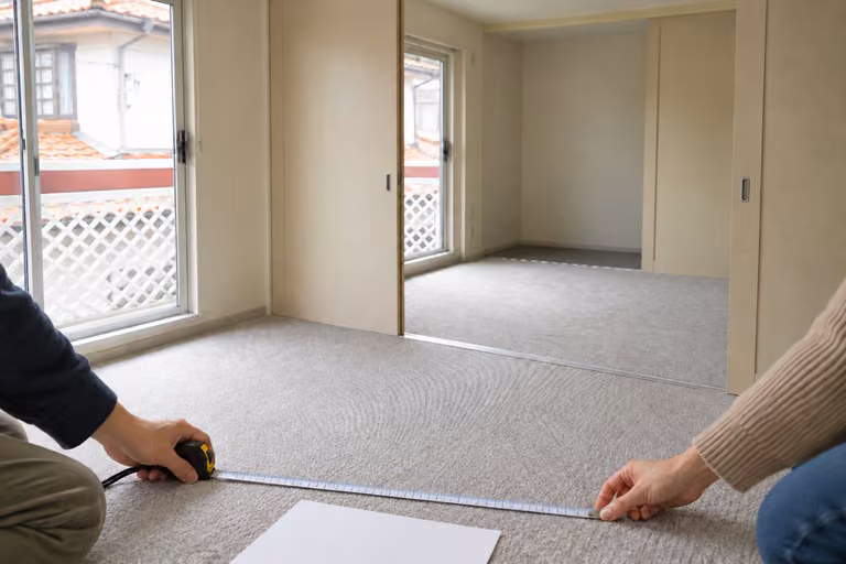 引き戸でつながる二室を背景に、二人で床の広さを測る手元