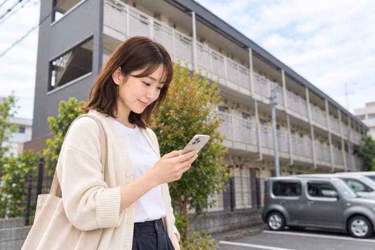 集合住宅の前で立ち止まりスマートフォンを確認する女性