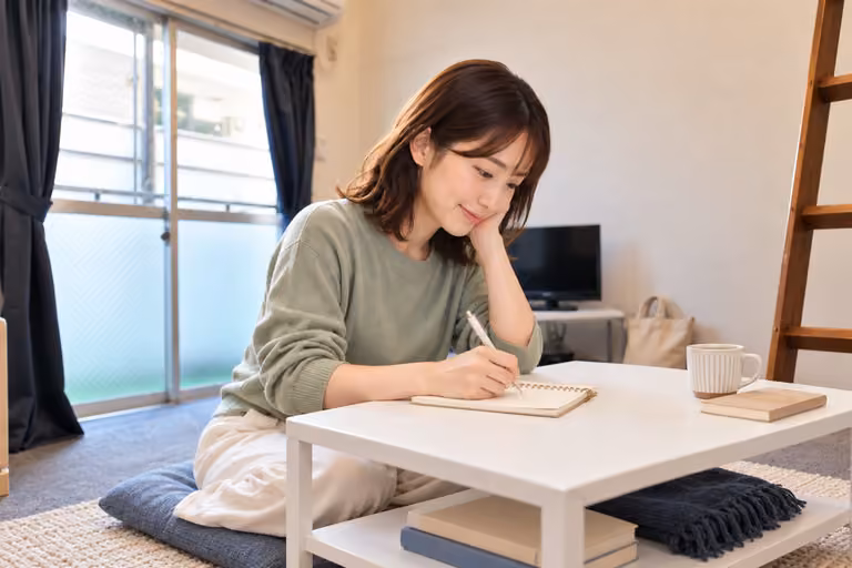 座布団やラグを置いた部屋のローテーブルで、ノートを書く女性