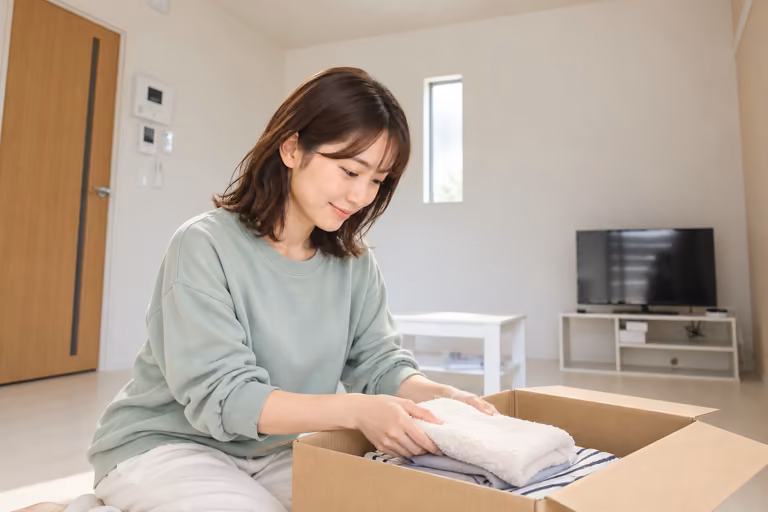 室内で段ボールに衣類を入れながら荷造りする女性