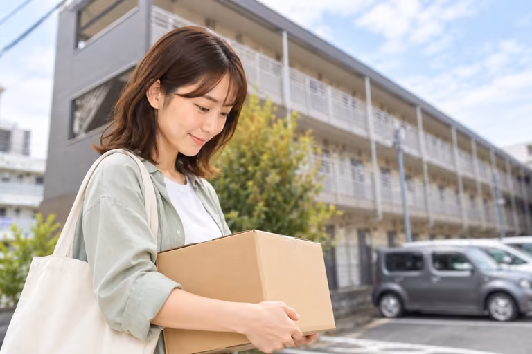 集合住宅の前で小さな段ボールを抱える女性の腕と上半身