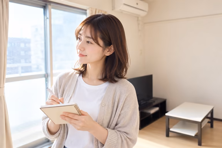 ノートを手に室内の明るさを確かめる女性の横顔